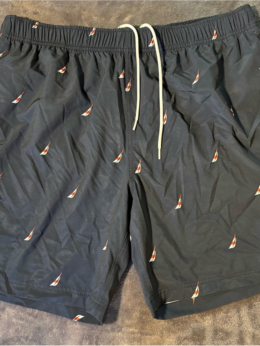 Nautica Navy Swim Trunks with Red & White Sailboat Print